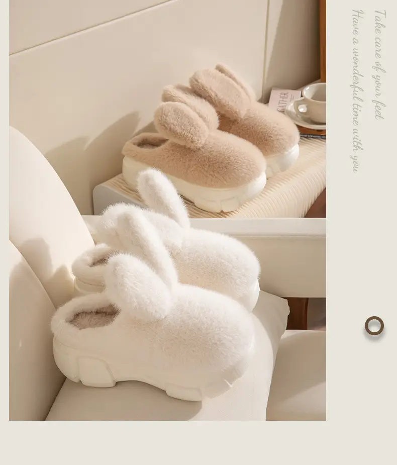 Big Ear Rabbit cotton slippers women's autumn and winter thick bottom non-slip indoor home cute rabbit furry slippers closed toe warm — feature 14