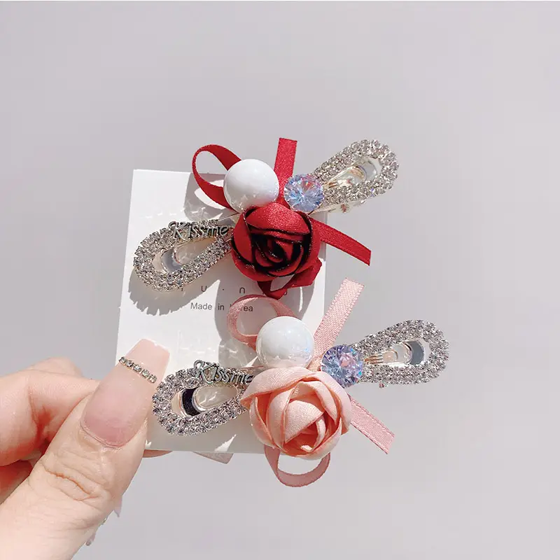 South Korea New Women's Pearl Ribbon Hairpin Bow Duckbill Clip Rose Flower Side Clip Sweet Bangs Clip - Image 10