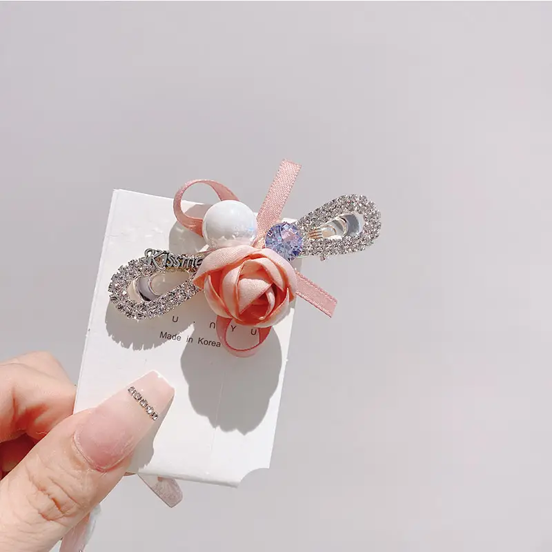 South Korea New Women's Pearl Ribbon Hairpin Bow Duckbill Clip Rose Flower Side Clip Sweet Bangs Clip - Image 2