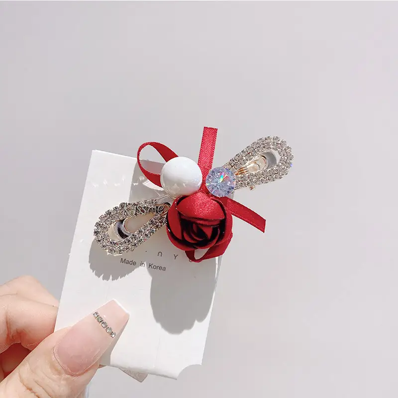 South Korea New Women's Pearl Ribbon Hairpin Bow Duckbill Clip Rose Flower Side Clip Sweet Bangs Clip - Image 3