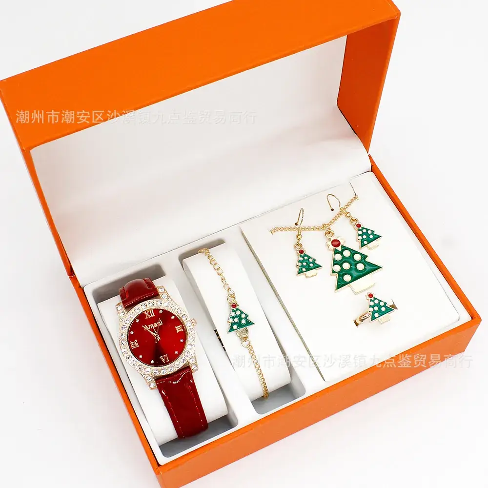 Women's Red Watch Set with Earrings & Ring for Christmas Gift - Image 13