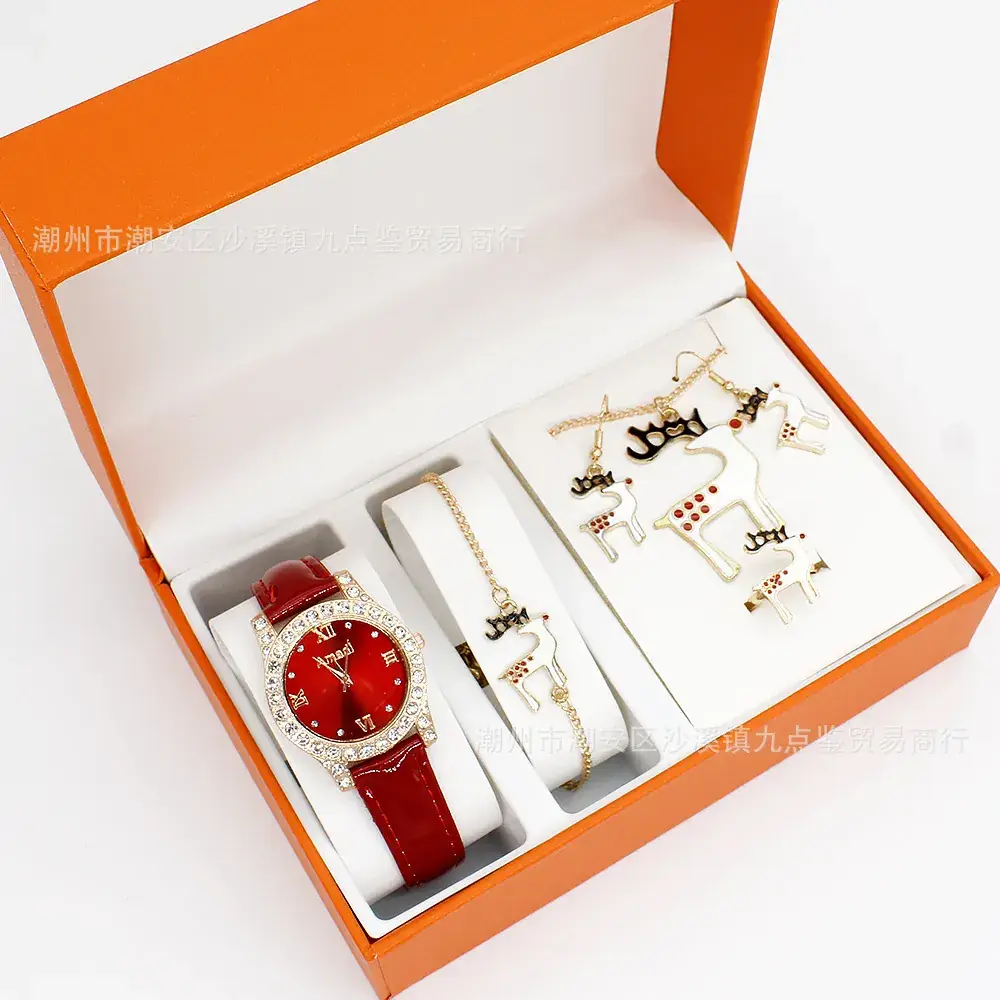 Women's Red Watch Set with Earrings & Ring for Christmas Gift - Image 5
