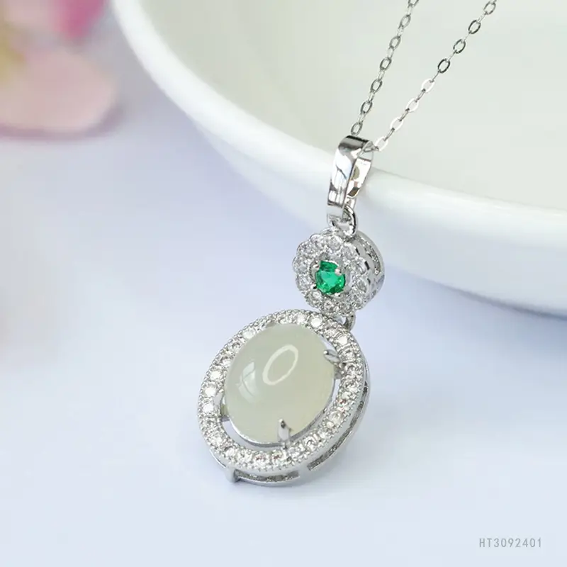 White Jade Necklace with Green Gemstone Pendant for Women - Image 3