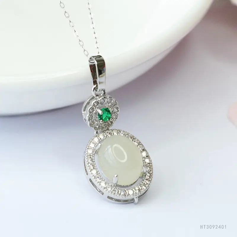White Jade Necklace with Green Gemstone Pendant for Women - Image 4