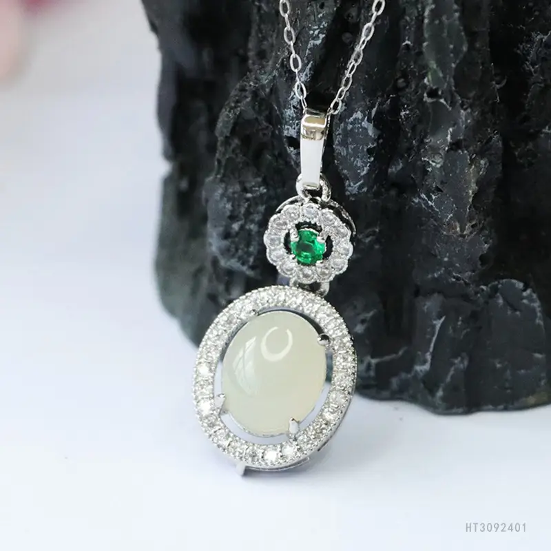 White Jade Necklace with Green Gemstone Pendant for Women - Image 5