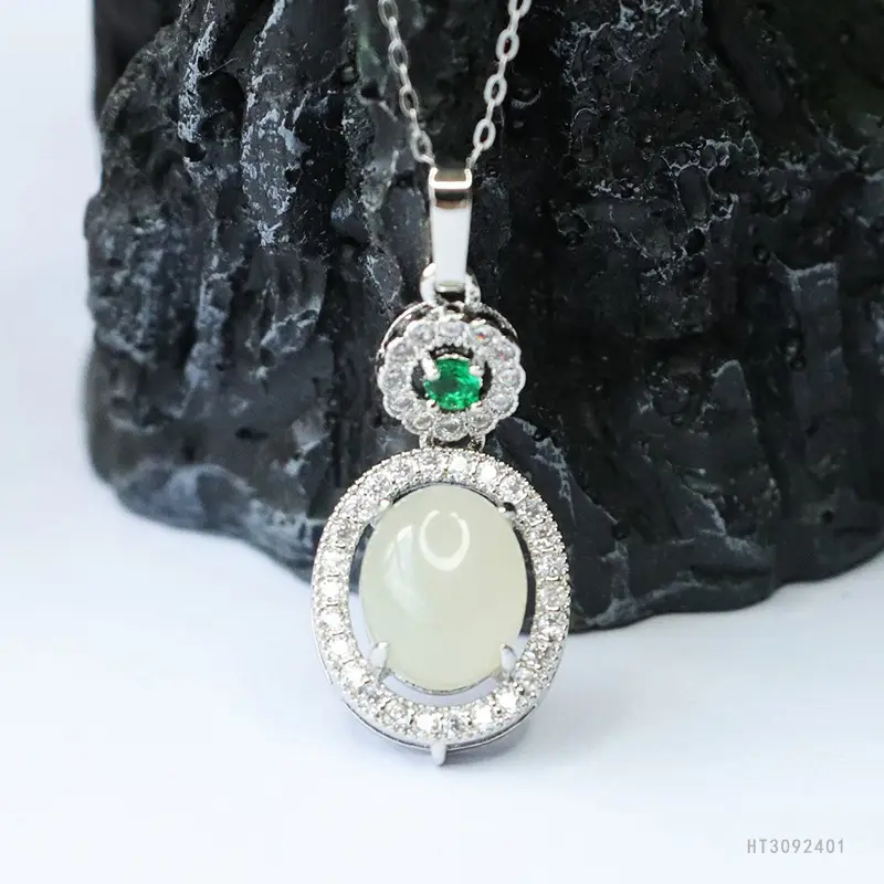 White Jade Necklace with Green Gemstone Pendant for Women — feature 7