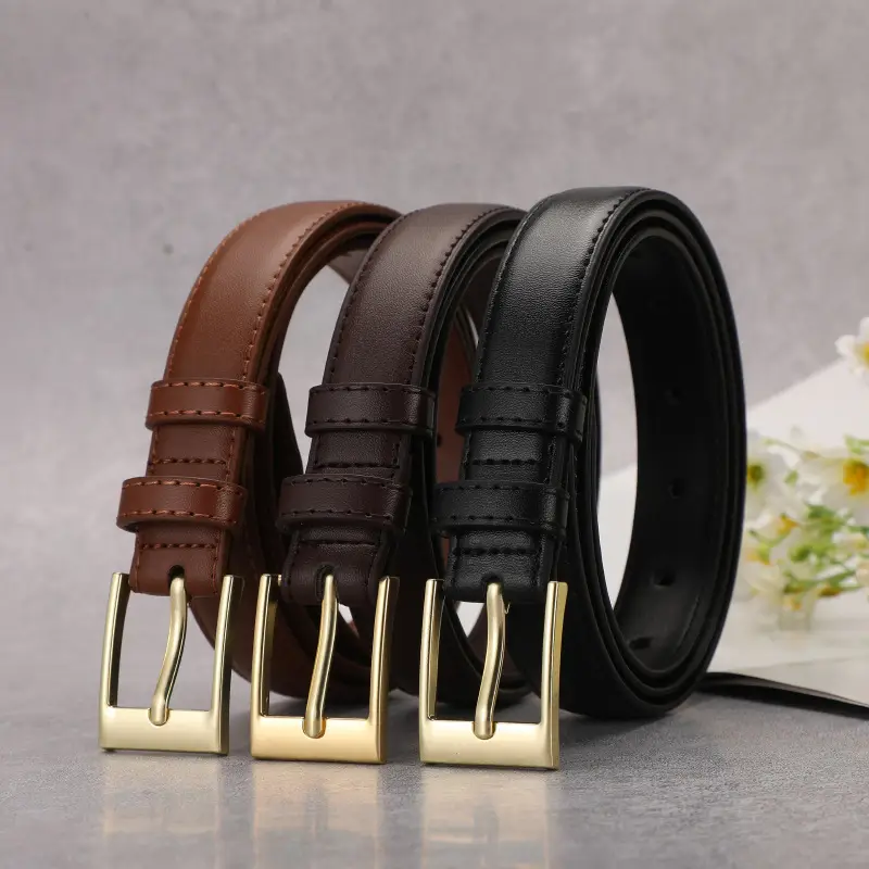 Women's Brown Leather Belt with Gold Buckle - Image 4