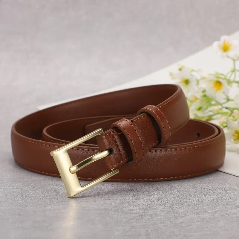 Women's Brown Leather Belt with Gold Buckle - Image 5