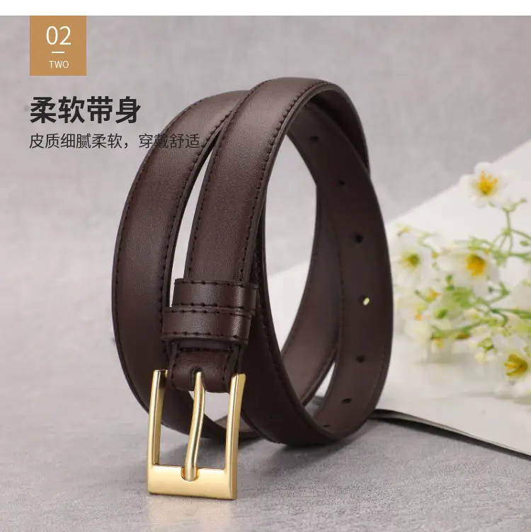 Women's Brown Leather Belt with Gold Buckle — feature 4