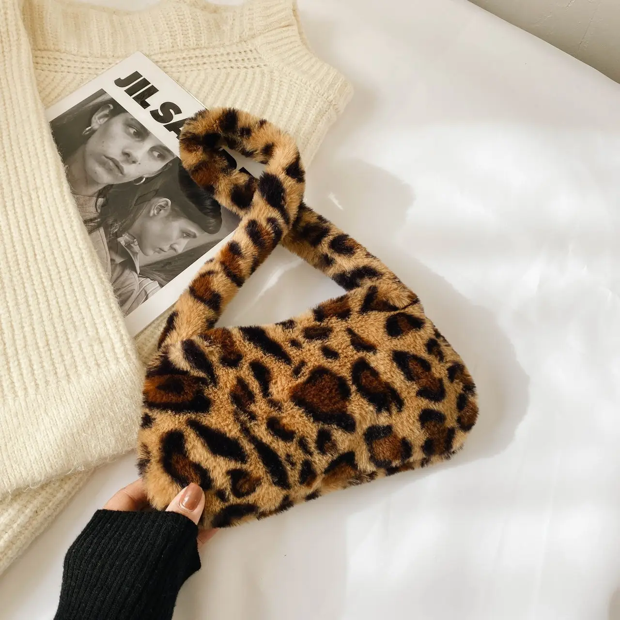 Leopard Print Plush Shoulder Bag for Women