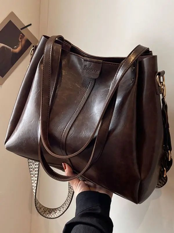 Women's Brown Leather Shoulder Tote Bag Large Capacity - Image 6