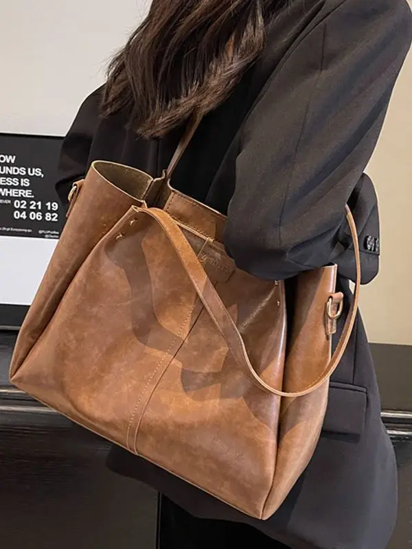 Women's Brown Leather Shoulder Tote Bag Large Capacity - Image 7