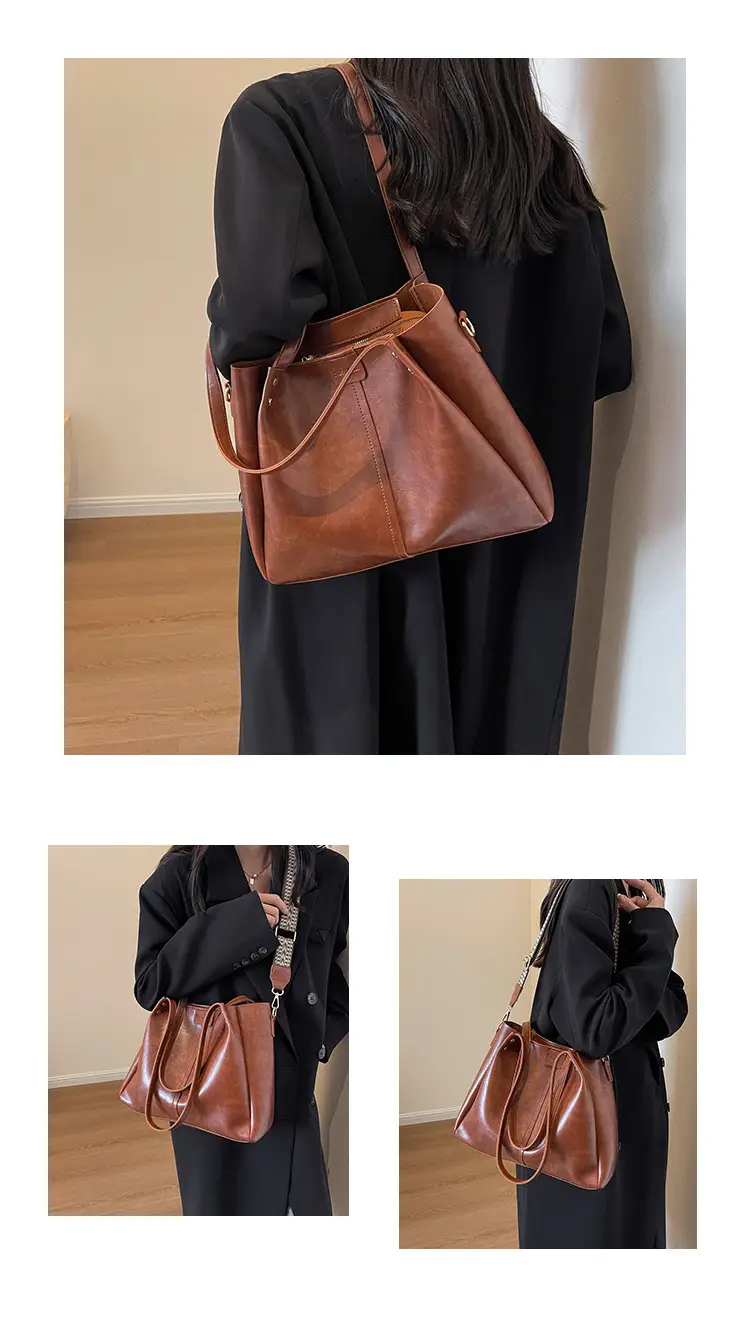 Women's Brown Leather Shoulder Tote Bag Large Capacity — feature 13