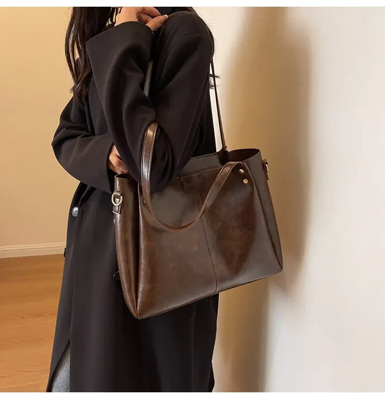 Women's Brown Leather Shoulder Tote Bag Large Capacity — feature 21