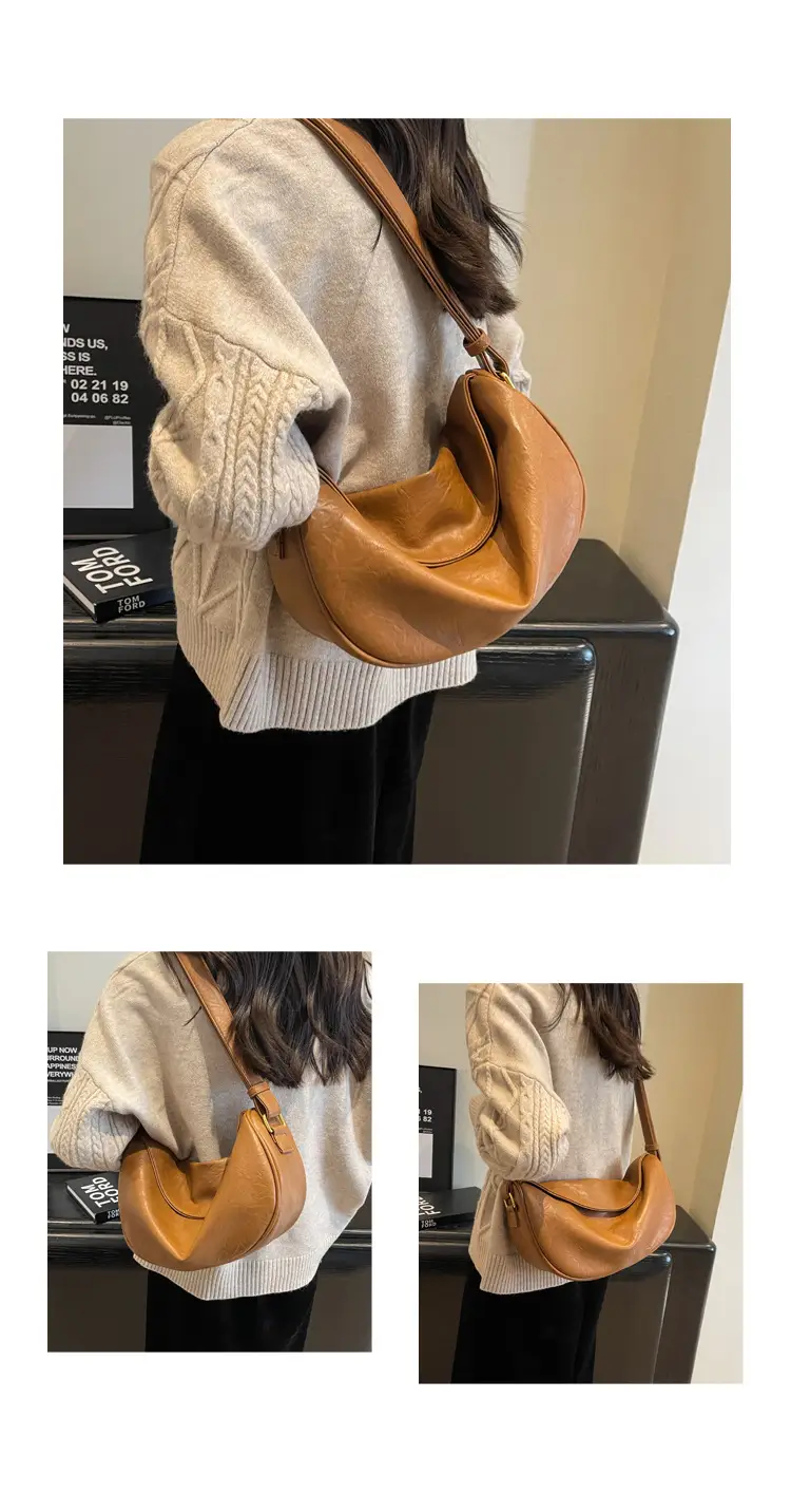Women's Curved Leather Shoulder Bag Tan Autumn Winter 2023 — feature 11