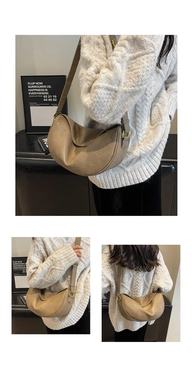 Women's Curved Leather Shoulder Bag Tan Autumn Winter 2023 — feature 12