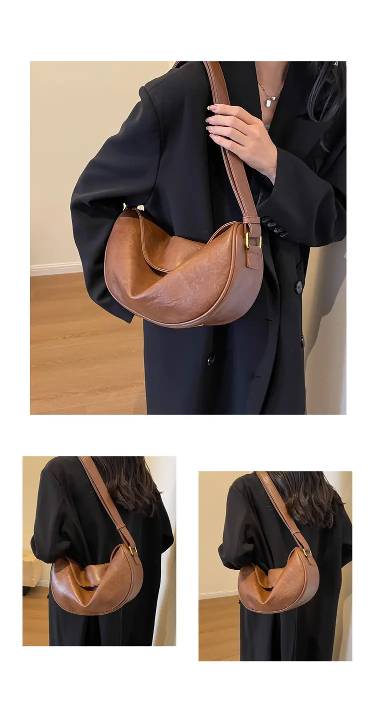 Women's Curved Leather Shoulder Bag Tan Autumn Winter 2023 — feature 14