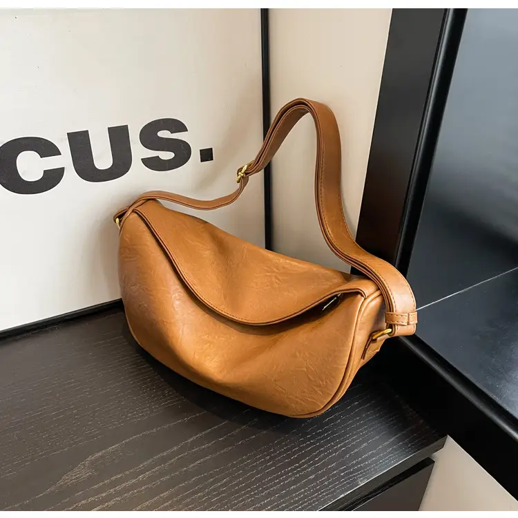 Women's Curved Leather Shoulder Bag Tan Autumn Winter 2023 — feature 26