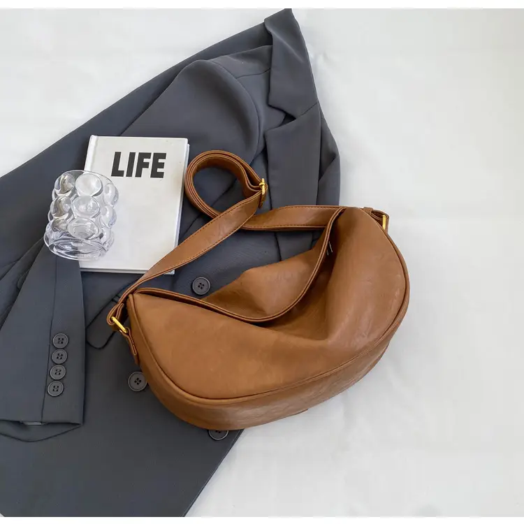Women's Curved Leather Shoulder Bag Tan Autumn Winter 2023 — feature 36