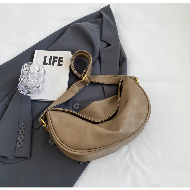 Women's Curved Leather Shoulder Bag Tan Autumn Winter 2023 — feature 37
