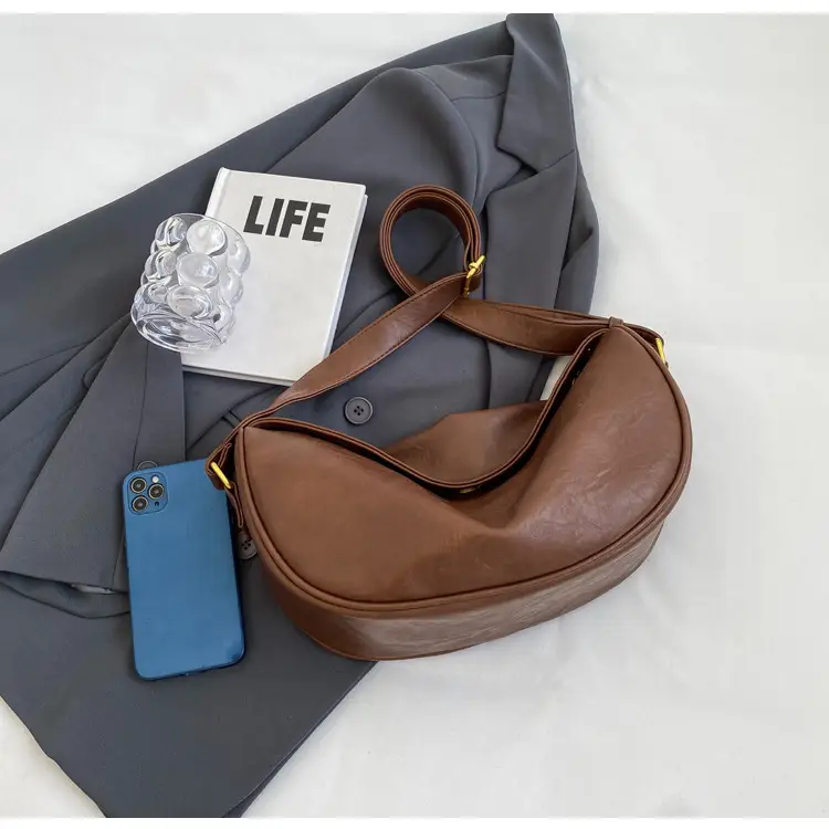 Women's Curved Leather Shoulder Bag Tan Autumn Winter 2023 — feature 41