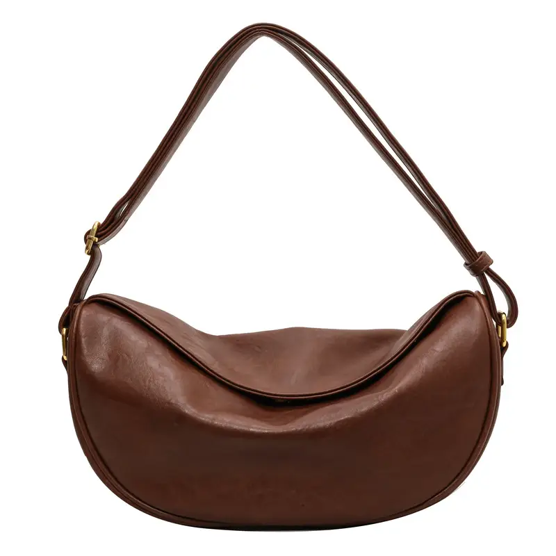 Women's Curved Leather Shoulder Bag Tan Autumn Winter 2023 - Image 2