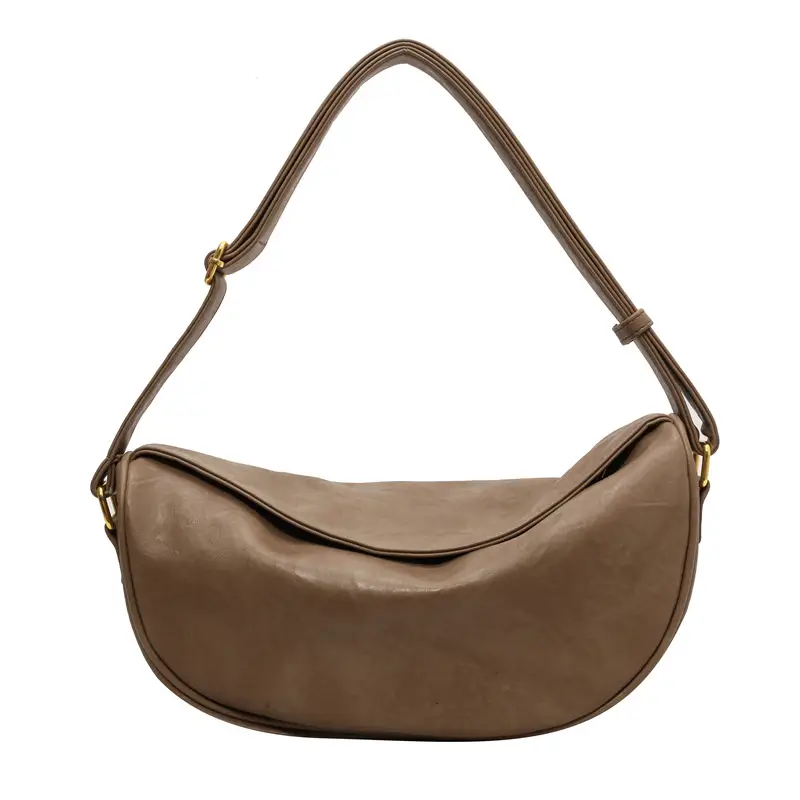 Women's Curved Leather Shoulder Bag Tan Autumn Winter 2023 - Image 3