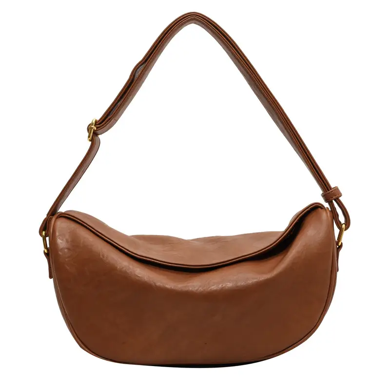 Women's Curved Leather Shoulder Bag Tan Autumn Winter 2023 - Image 4
