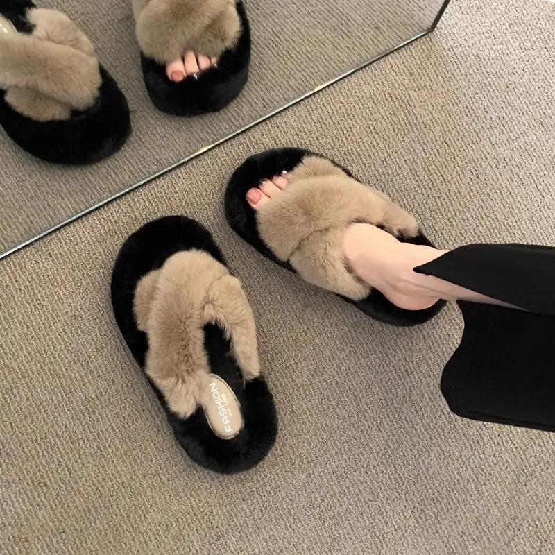 Thick-Soled Furry Slippers for Women, Rabbit Fur, Outdoor Wear, 2026 New Spring and Autumn Fashion Plush Shoes, Outdoor Cotton Slippers