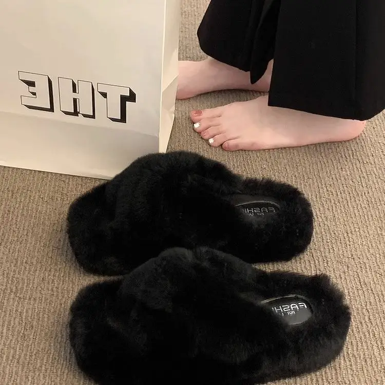 Thick-Soled Furry Slippers for Women, Rabbit Fur, Outdoor Wear, 2026 New Spring and Autumn Fashion Plush Shoes, Outdoor Cotton Slippers