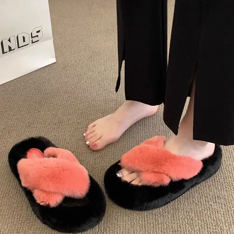 Thick-Soled Furry Slippers for Women, Rabbit Fur, Outdoor Wear, 2026 New Spring and Autumn Fashion Plush Shoes, Outdoor Cotton Slippers
