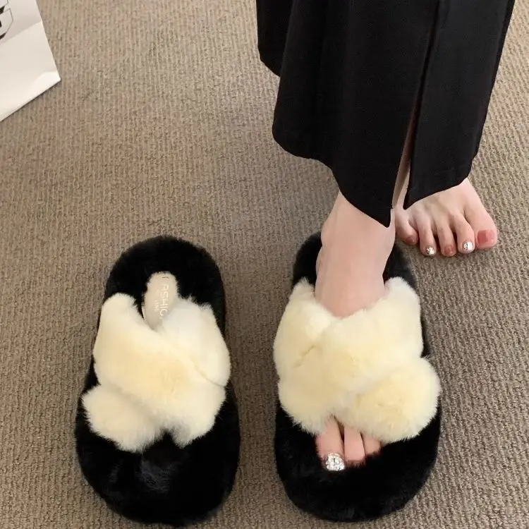 Thick-Soled Furry Slippers for Women, Rabbit Fur, Outdoor Wear, 2026 New Spring and Autumn Fashion Plush Shoes, Outdoor Cotton Slippers