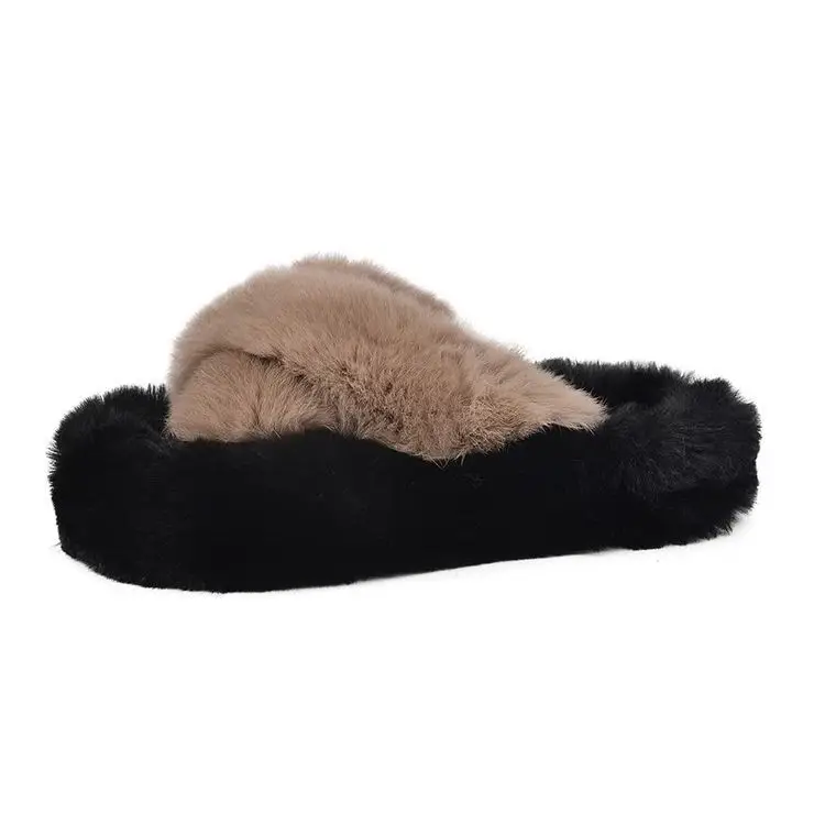 Thick-Soled Furry Slippers for Women, Rabbit Fur, Outdoor Wear, 2026 New Spring and Autumn Fashion Plush Shoes, Outdoor Cotton Slippers