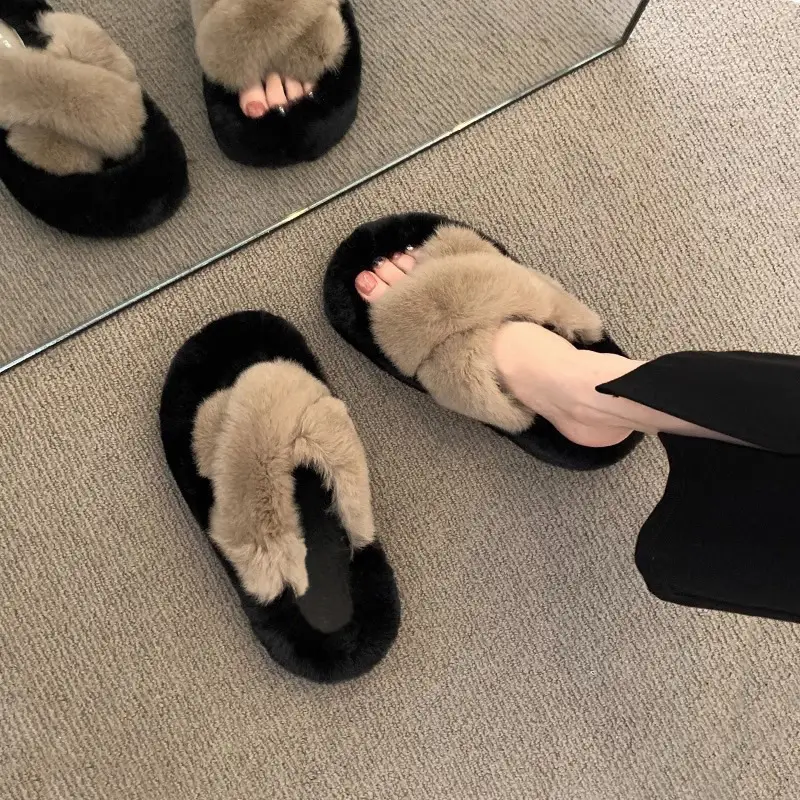 Thick-Soled Furry Slippers for Women, Rabbit Fur, Outdoor Wear, 2026 New Spring and Autumn Fashion Plush Shoes, Outdoor Cotton Slippers