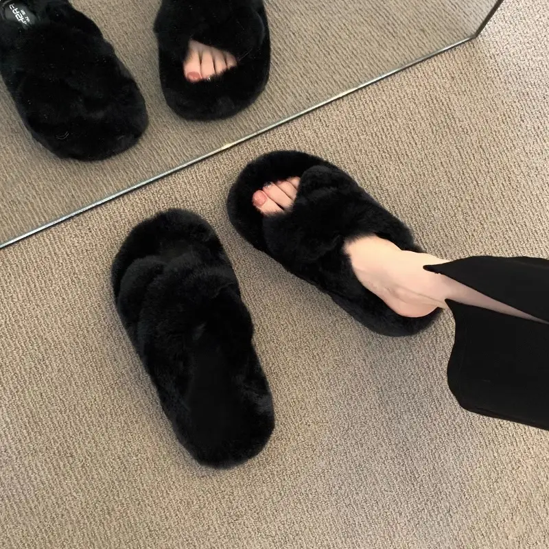 Thick-Soled Furry Slippers for Women, Rabbit Fur, Outdoor Wear, 2026 New Spring and Autumn Fashion Plush Shoes, Outdoor Cotton Slippers