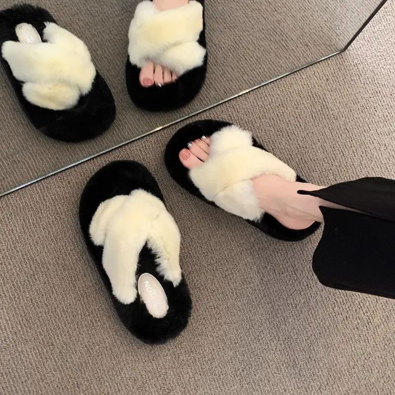 Thick-Soled Furry Slippers for Women, Rabbit Fur, Outdoor Wear, 2026 New Spring and Autumn Fashion Plush Shoes, Outdoor Cotton Slippers