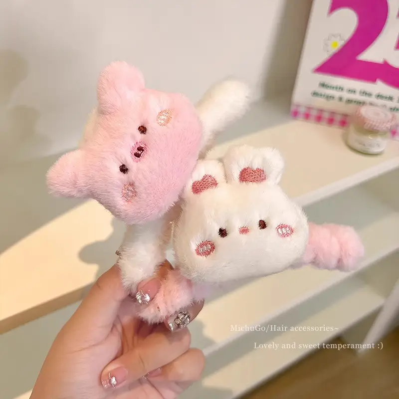 Cute Pink Plush Bear Hair Clip for Women - Image 7