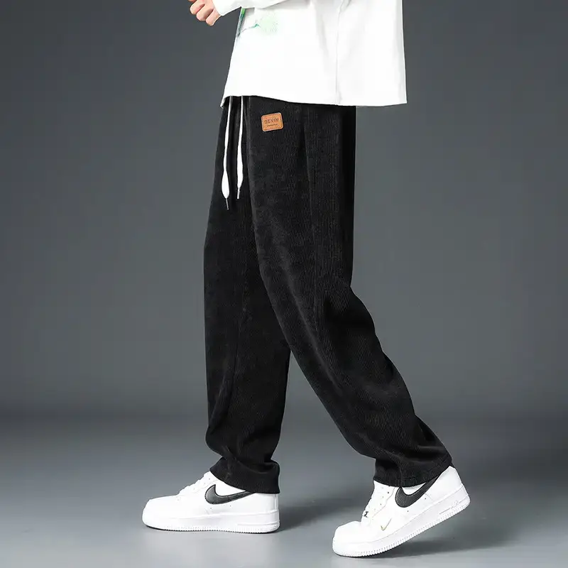 Men Black Fleece Sweatpants Winter Warm Loose Fit - Image 2