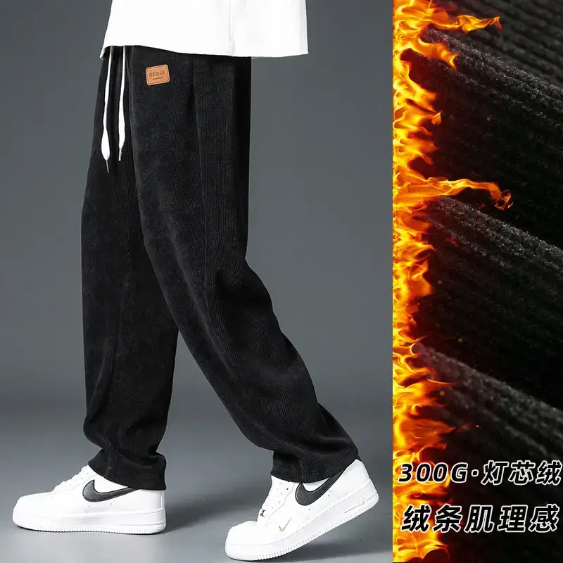 Men Black Fleece Sweatpants Winter Warm Loose Fit - Image 5