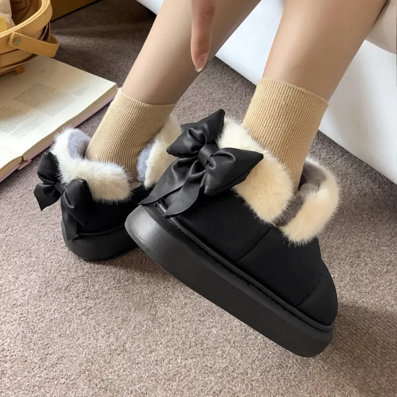 Women's Fleece Bow Knot Slippers Black Winter - Image 5