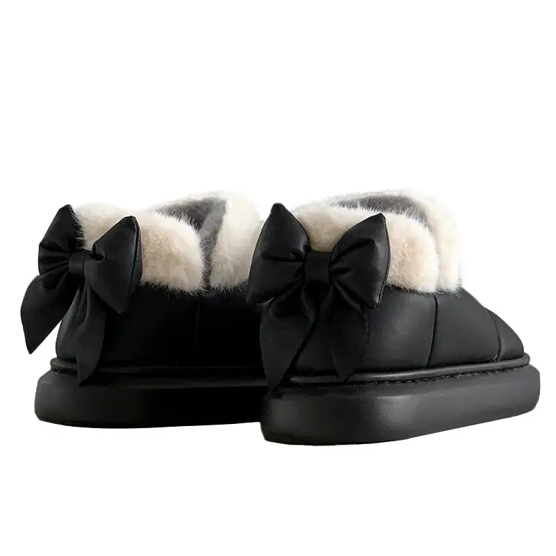 Women's Fleece Bow Knot Slippers Black Winter - Image 7