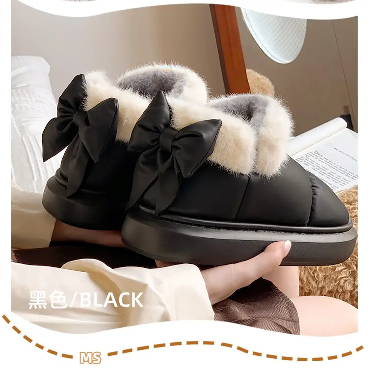 Women's Fleece Bow Knot Slippers Black Winter — feature 16