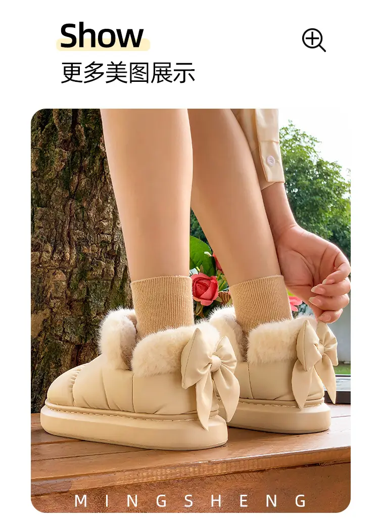 Women's Fleece Bow Knot Slippers Black Winter — feature 3