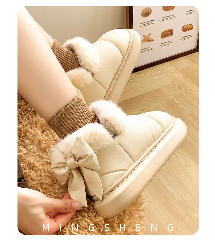 Women's Fleece Bow Knot Slippers Black Winter — feature 4