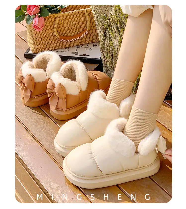 Women's Fleece Bow Knot Slippers Black Winter — feature 5