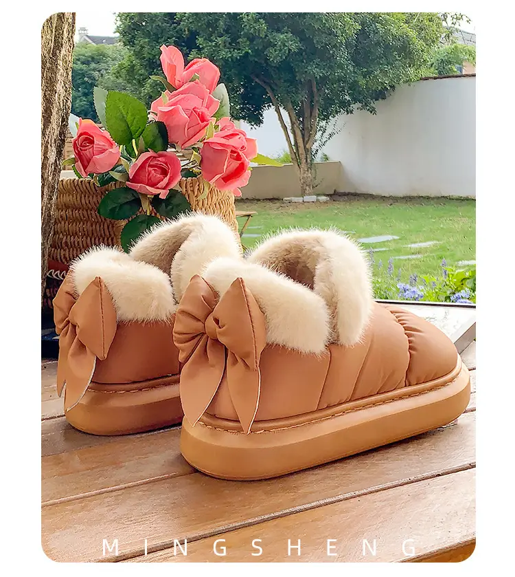 Women's Fleece Bow Knot Slippers Black Winter — feature 6