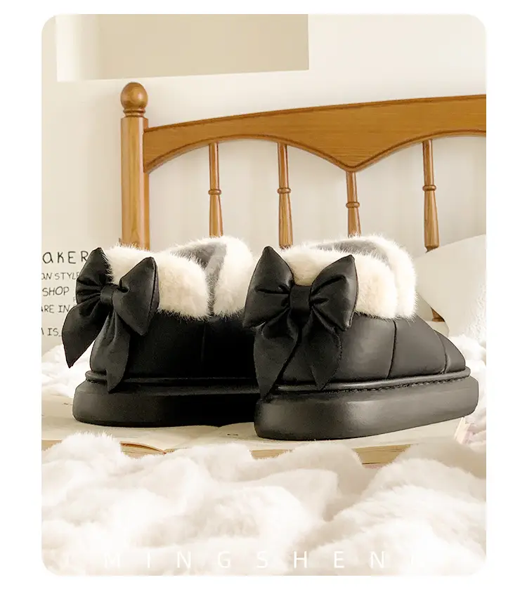 Women's Fleece Bow Knot Slippers Black Winter — feature 9