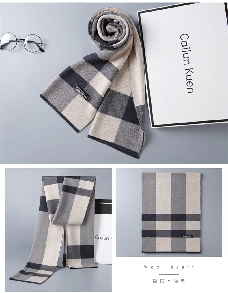 2024 Men's Wool Knitted Scarf Grey Black Korean Style — feature 15