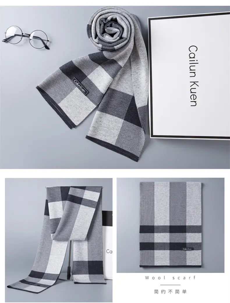 2024 Men's Wool Knitted Scarf Grey Black Korean Style — feature 18