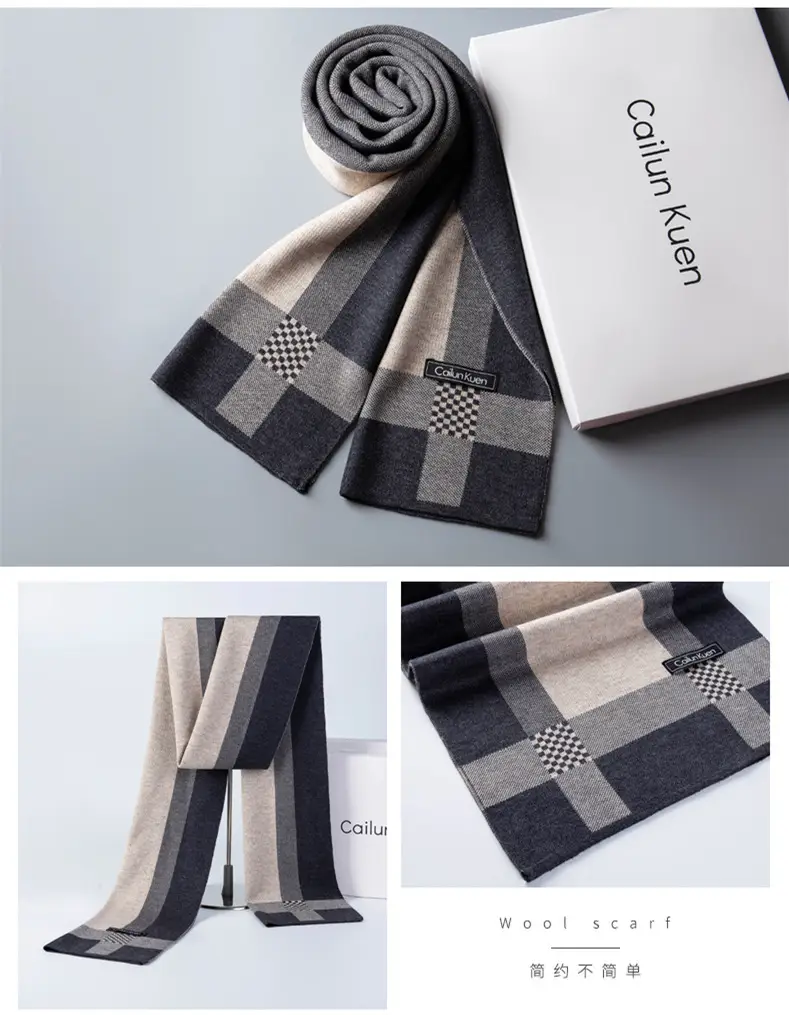 2024 Men's Wool Knitted Scarf Grey Black Korean Style — feature 19